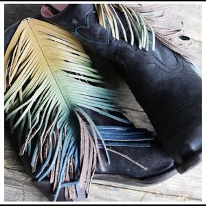 Black ankle boot with rainbow fringe